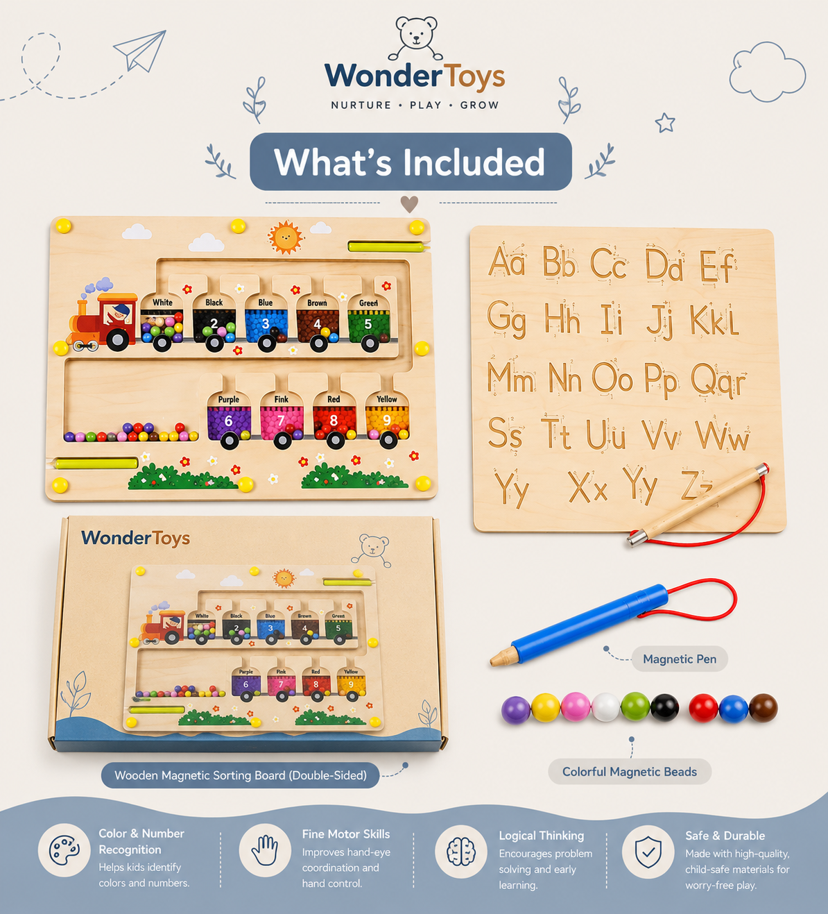 Wooden Magnetic Bead Maze Montessori Toy | Color & Number Sorting Train Board