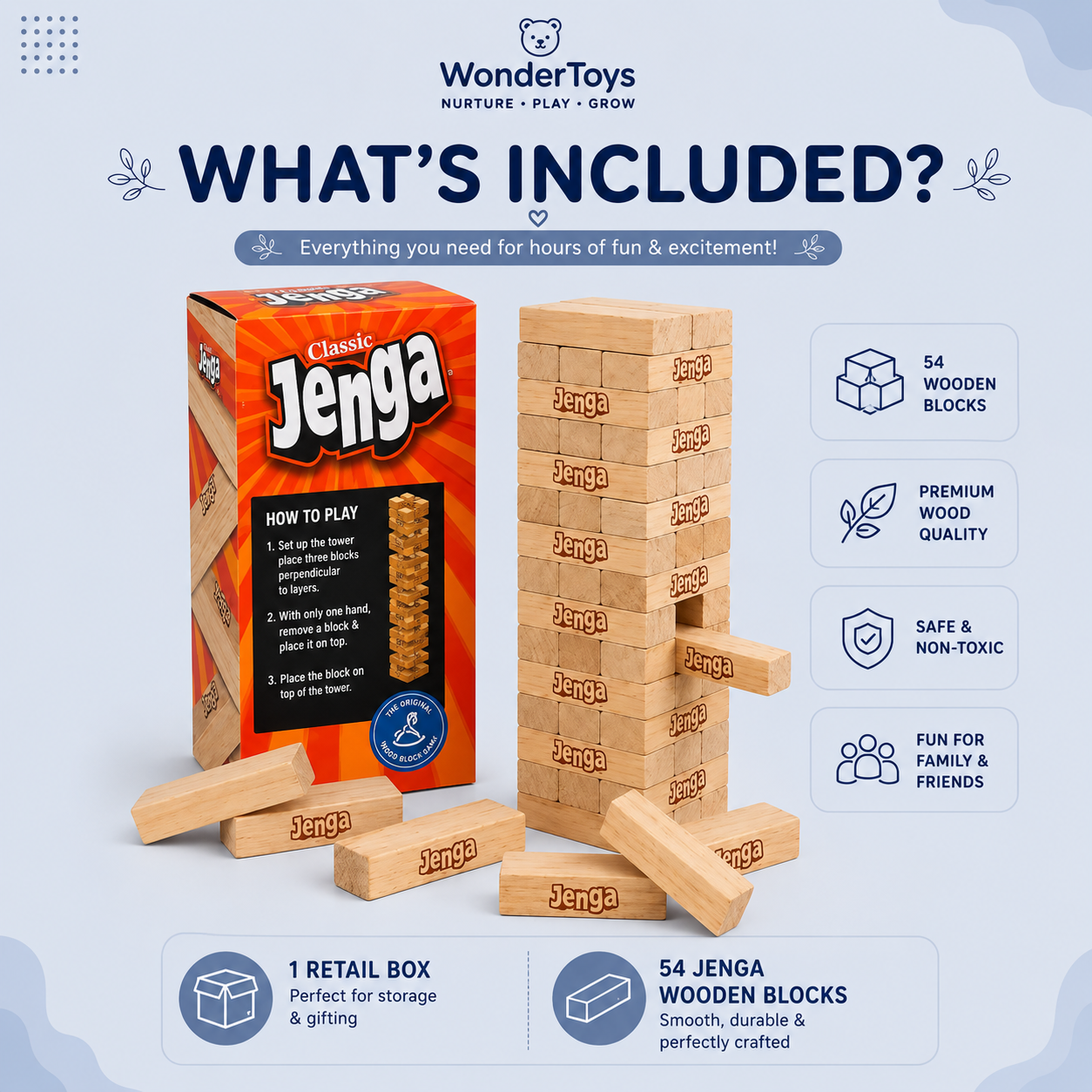 Classic Wooden Jenga Tower Game – 54 Piece Stacking Blocks for Kids & Family