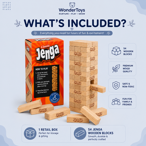 Classic Wooden Jenga Tower Game – 54 Piece Stacking Blocks for Kids & Family