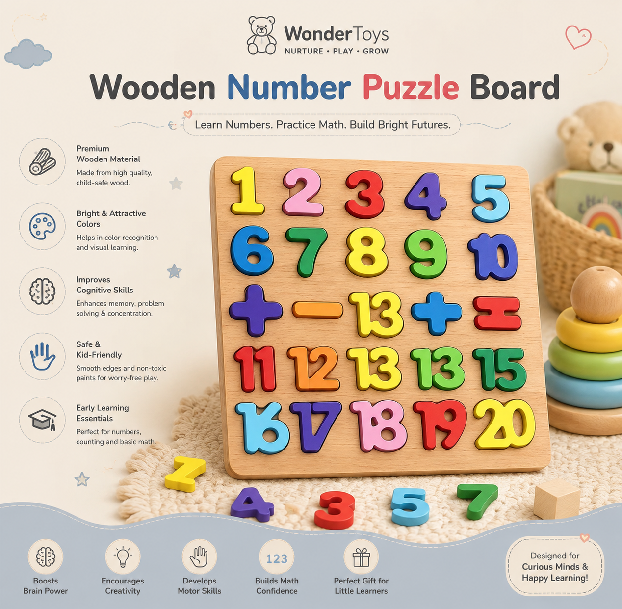 Wooden Number & Math Puzzle Board