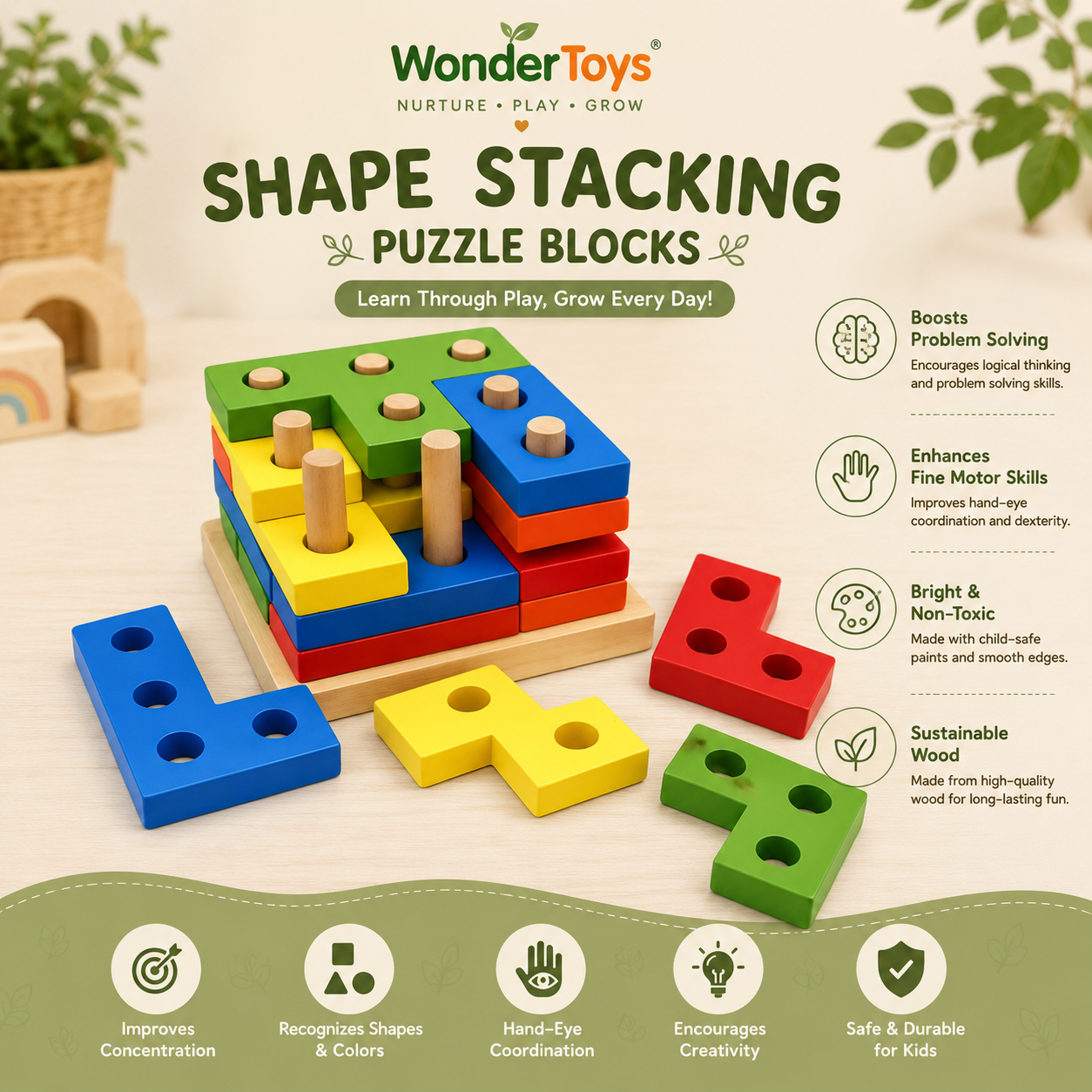 Montessori Wooden Peg Puzzle Stacking Board