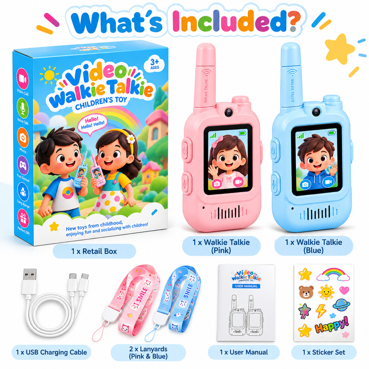 Kids Video Walkie Talkie Pair Set – Rechargeable Long Range Camera Walkie Talkies for Kids