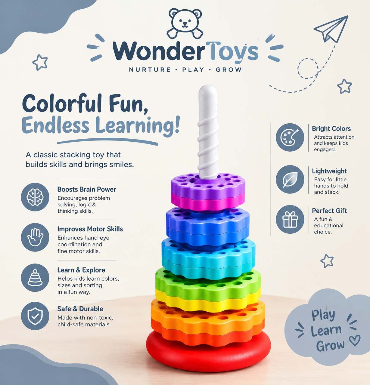 Rainbow Stacking Rings Toy for Toddlers | Learning Toy