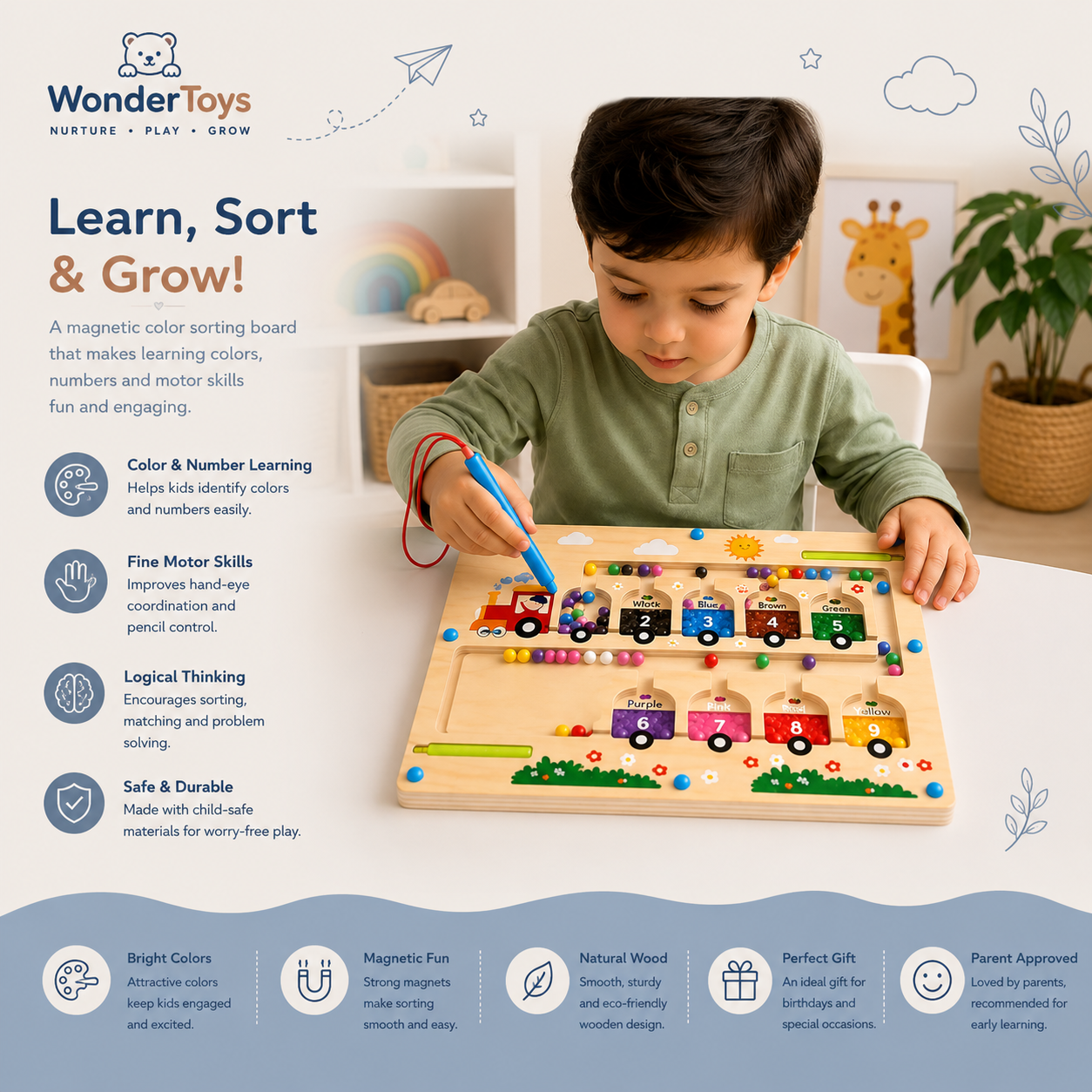 Wooden Magnetic Bead Maze Montessori Toy | Color & Number Sorting Train Board