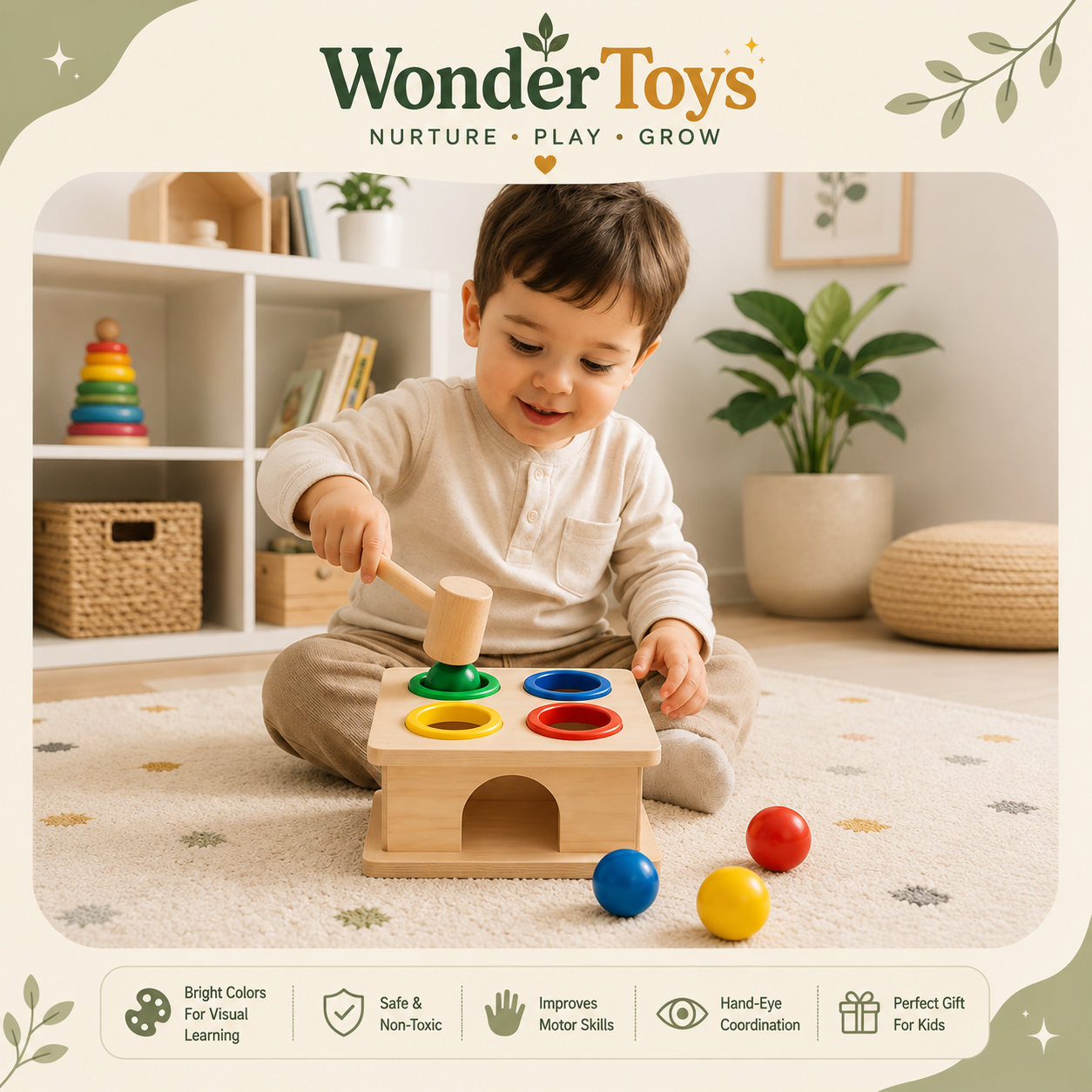Wooden Pounding Box with Hammer | Montessori Learning Toy for Toddlers