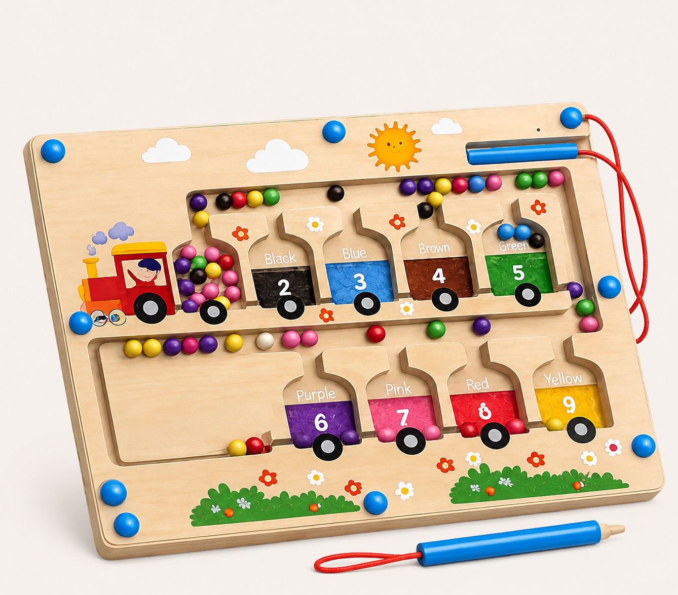 Wooden Magnetic Bead Maze Montessori Toy | Color & Number Sorting Train Board