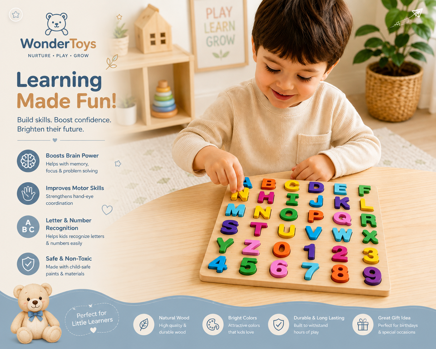 Wooden Alphabet & Number Learning Puzzle Board