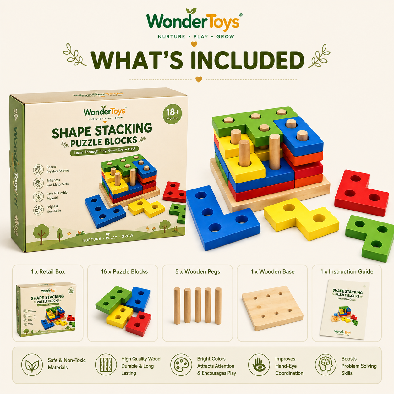 Montessori Wooden Peg Puzzle Stacking Board