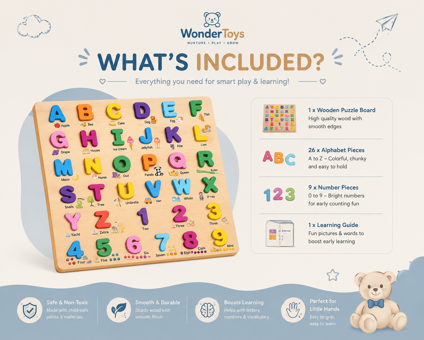 Wooden Alphabet & Number Learning Puzzle Board