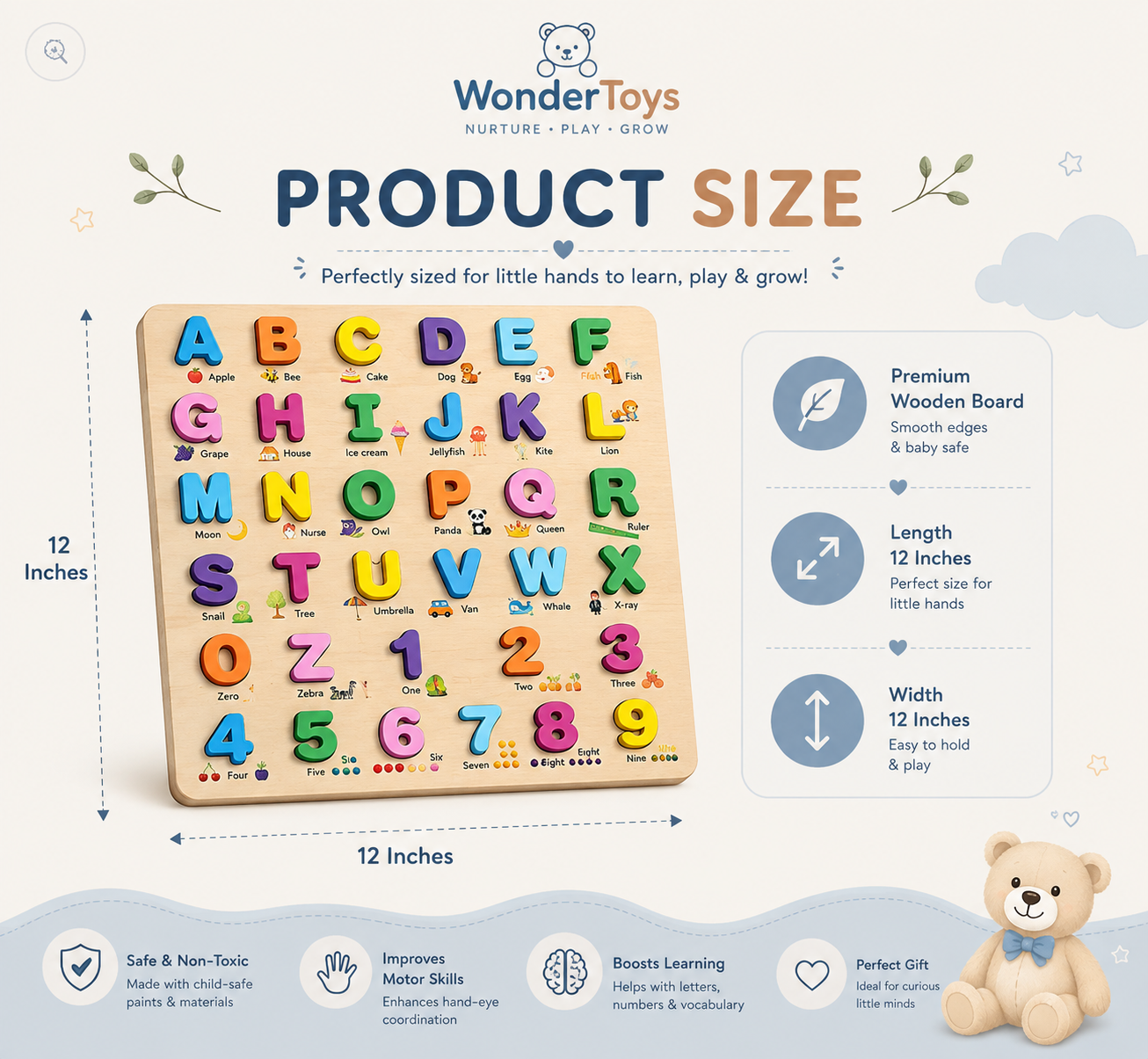 Wooden Alphabet & Number Learning Puzzle Board